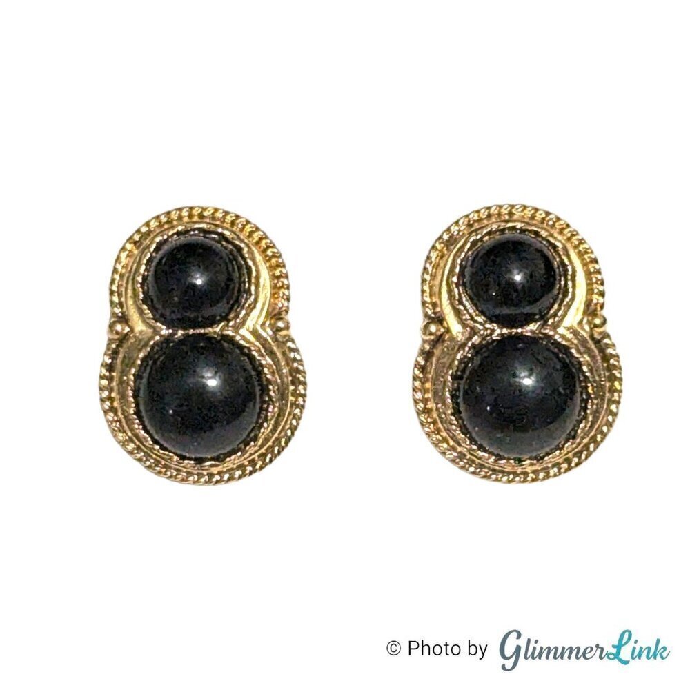 Vintage 1928 Company Double Black Cabochon Figure 8 Gold Tone Clip On Earrings